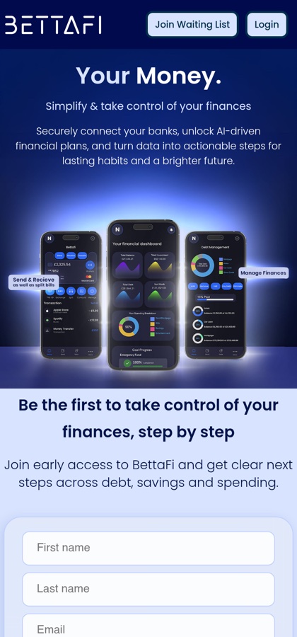 Bettafi landing page — Your Money. Simplify & take control of your finances.